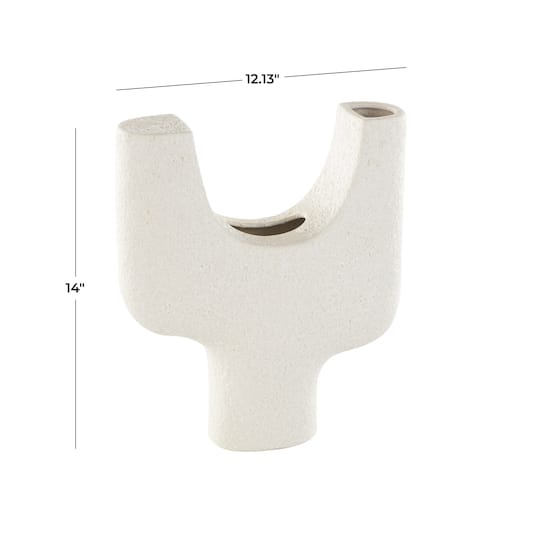 14" Speckled White Abstract Curved Ceramic Vase with Dual Openings